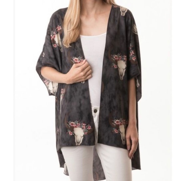 Gray Bull Skull Floral Boho 